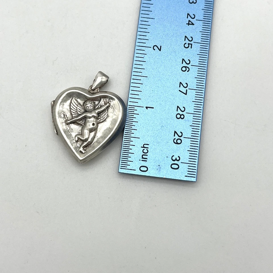 Vintage Sterling Silver Puffy Heart Locket Cupid Pendant Photo Holder Jewelry - Image 4 of 4