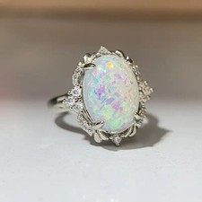Elegant 925 Sterling Silver Rainbow Opal Charms Engagement Wedding Ring Size 8
