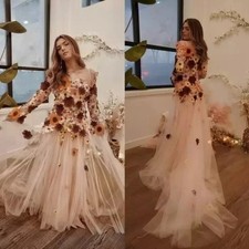 Boho Wedding Dresses Colorful Floral Embroidery Lace Champagne A Line Gowns