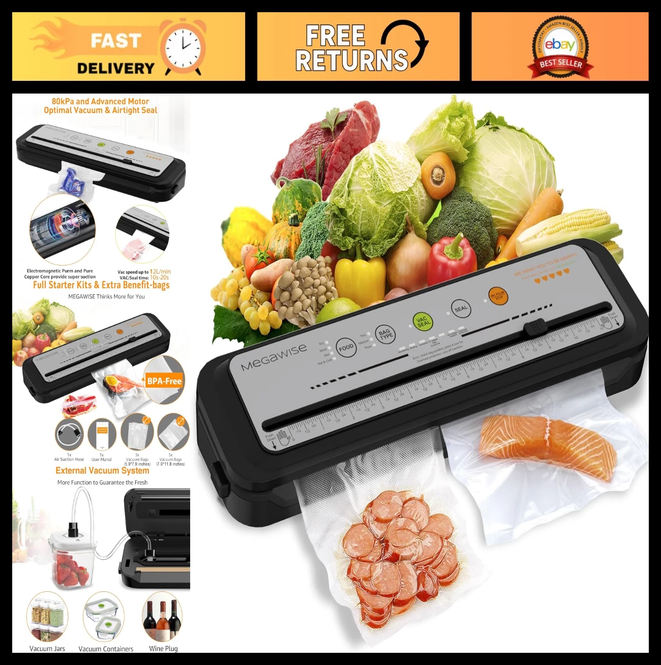 Powerful Vacuum Sealer Machine | Compact One-Touch Design | Seals in 10-20 Secs