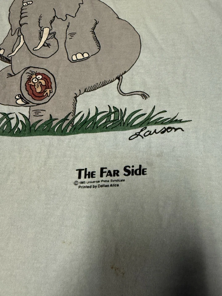 Винтажная мужская футболка 80-х The Far side Elephant большая синяя Gary Larson винтажная с маркировкой - Изображение 4 из 4
