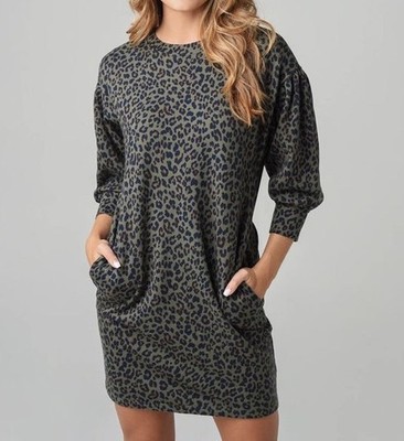 Velvet Graham Spencer Sweatshirt Green Leopard Print Dress Large Chic Casual 