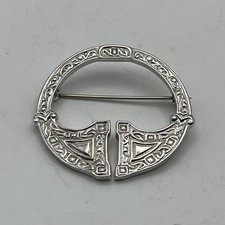 Vintage Celtic Revival Penannular Brooch Silver Tone Knotwork Cloak Pin 1.75