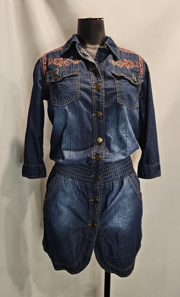 Denim Jean Embroydered Dress Small Medium Tunic Western | eBay