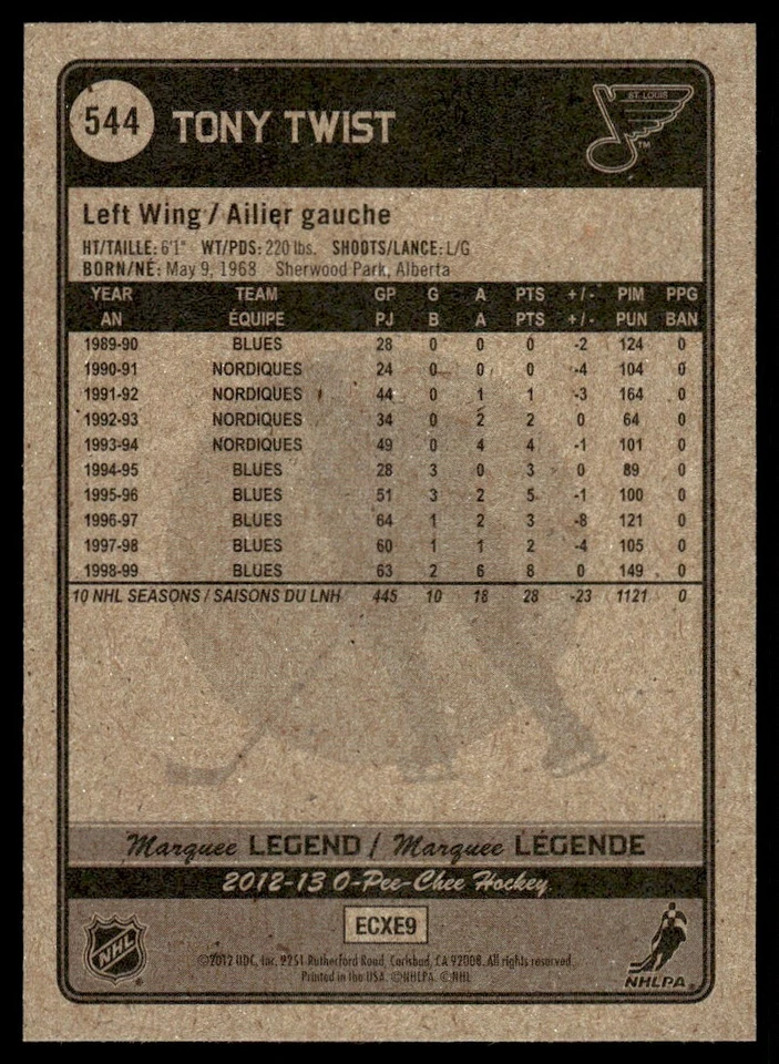 2012-13 O-Pee-Chee MARQUEE LEGEND Tony Twist St. Louis Blues #544 - Image 2 of 2