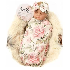 Newborn Receiving Blanket Headband Set Baby Flower Swaddle (Vintage Flower)