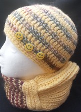 Hat "Beanie  Loopchen" head 56cmx24 height yellow and green marl unique by GrandmaEle