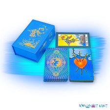Electric Blue Gold Foil Tarot Card Deck, Waite Oracle Cards Gift Box & Guidebook