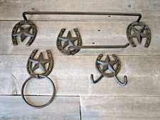 4 PIECE STAR HORSESHOE BATHROOM SET OF 4 RUSTIC WESTERN DECOR HOLDER HOOK TOWEL 