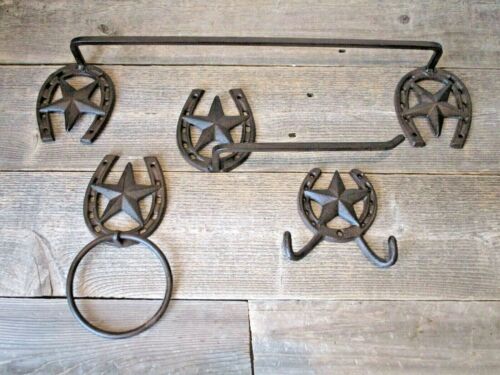 4 PIECE STAR HORSESHOE BATHROOM SET OF 4 RUSTIC WESTERN DECOR HOLDER HOOK TOWEL  - Picture 1 of 5