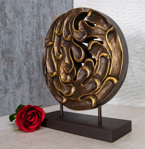 Deko Skulptur Holz Rund Figur Tischdeko Akazie Braun Gold Abstrakt Objekt 31Cm-image