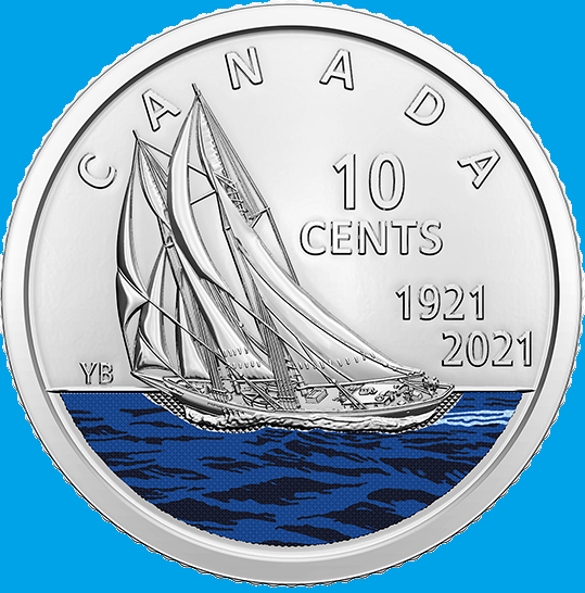 2021 Canada 100th Anniv Coloured Bluenose Dime Coin. Mint UNC 10