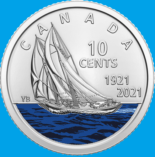 2021 Canada 100th Anniv Coloured Bluenose Dime Coin. Mint UNC 10 Cents 10c - Picture 1 of 3