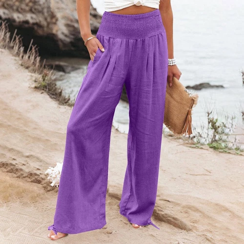 Women Cotton Linen Pants Solid Wide Leg Casual Loose Pants High Waist Trousers - Bild 20 von 36