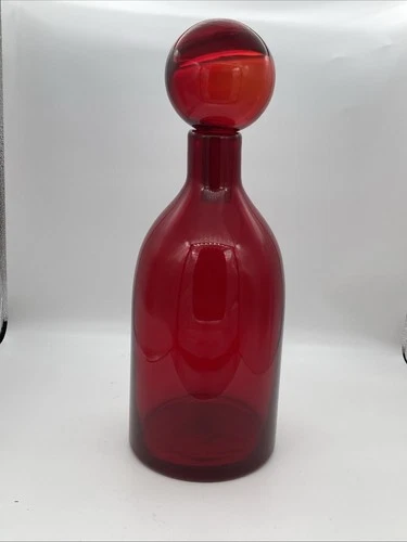 Vintage Glass Bottle Mid Century Red Decorative Ball Stopper Empoli Blenko Retro