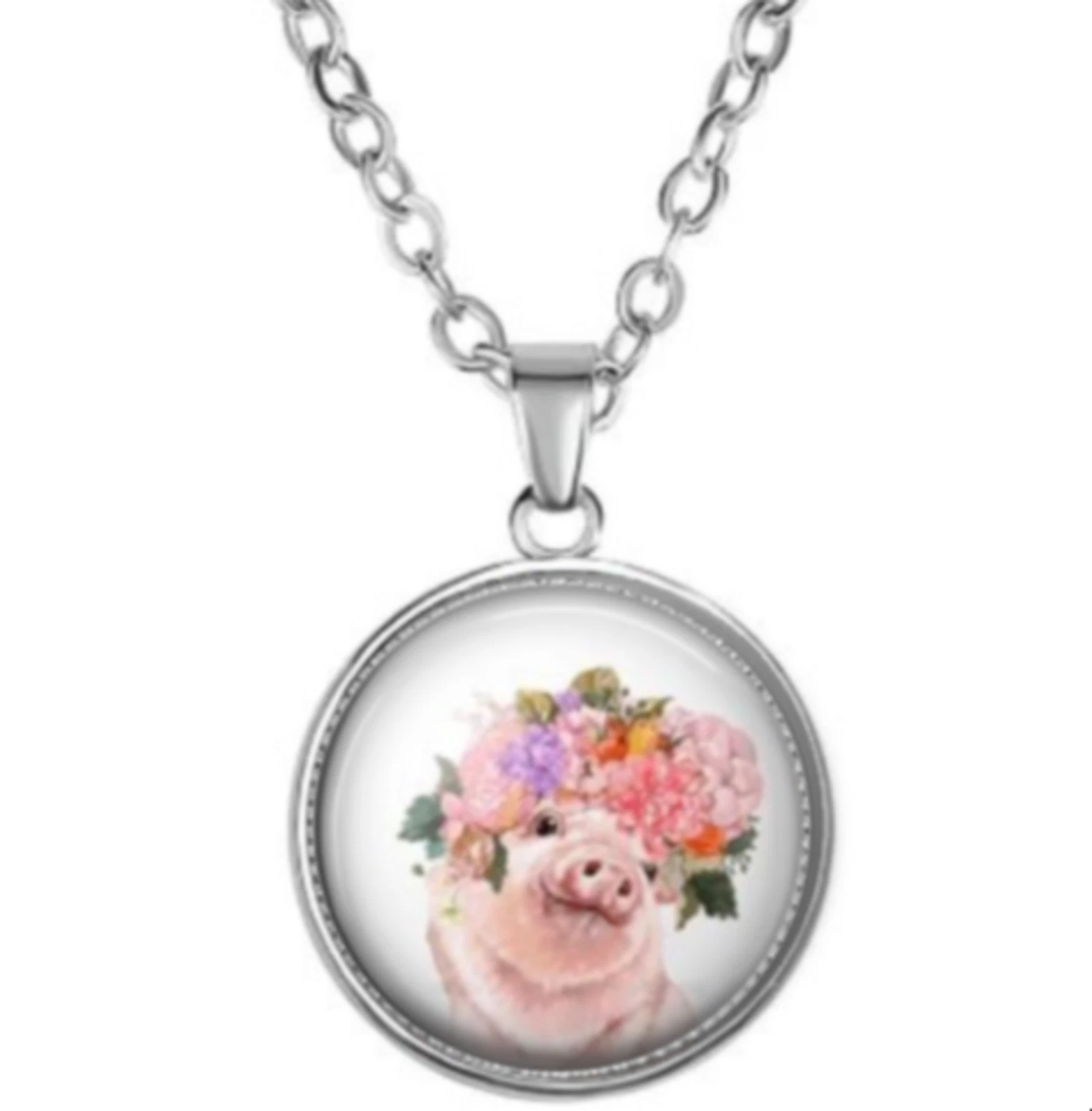 Beautiful PIG with FLOWERS Pendant Necklace - product detail image 1