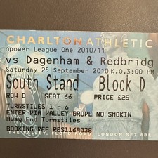 Charlton Athetic v Dagenham(NPower League 1 2010/11) 25/9/2010 Ticket
