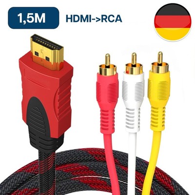 HDMI auf 3RCA Audio Video AV Nylon Kabel 1,5M Chinch Stecker Konverter Adapter