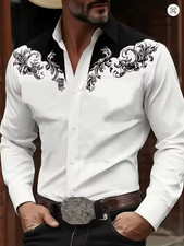 Men Long-Sleeved Button Shirt Western Cowboy Vintage Black & White Printed Lapel