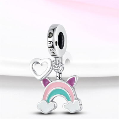 Glückliches Einhorn Regenbogen Liebe Herz Wolke Katze Charm Perle Sterlingsilber 925