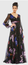 Mac Duggal Floral Print Chiffon Long Sleeve Maxi Dress