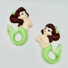Mermaids Chalkware Kitsch Kitschy Wall Hanging Plaques Set of 2 VTG Style Green