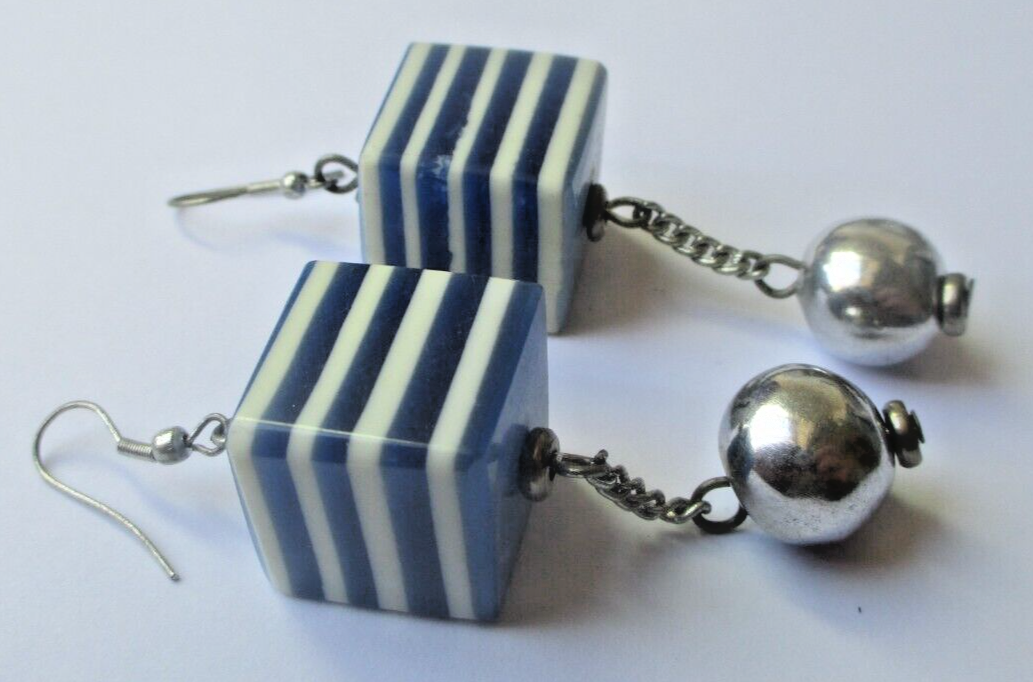 Boucles D'oreilles Percées Tombantes Perles Bleu Jaune Rétro 5337 - Occasion Bon état