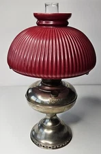Antique 1800’s "Magnet" Nickel Plated Center Draft Oil Lamp w/Red Glass Shade