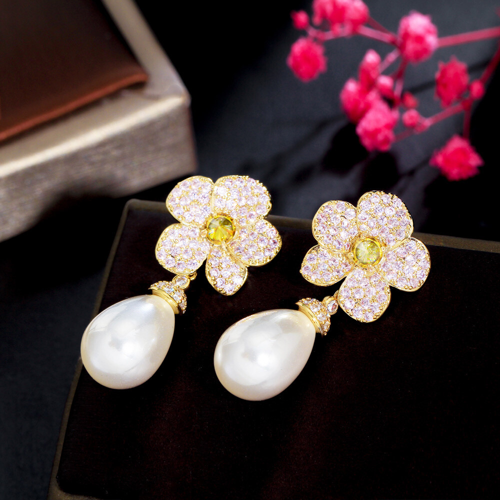 Elegant Gold Plated Flower Long Drop Pearl Earrings Cubic Zirconia Women Jewelry