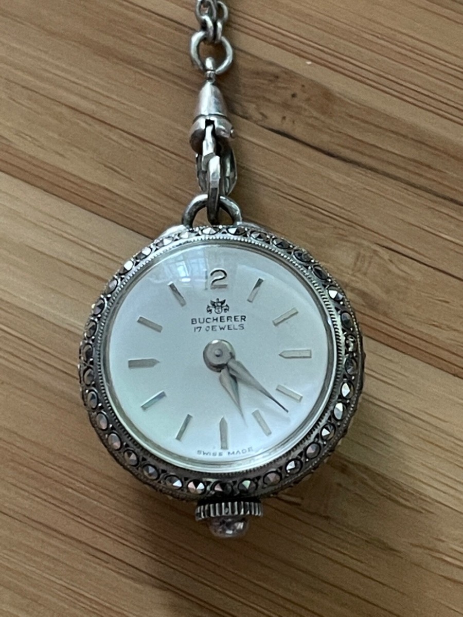 Bucherer Bubble Watch Skeleton Pendant 800 Silver & Pearl Necklace 17 Jewels View 2