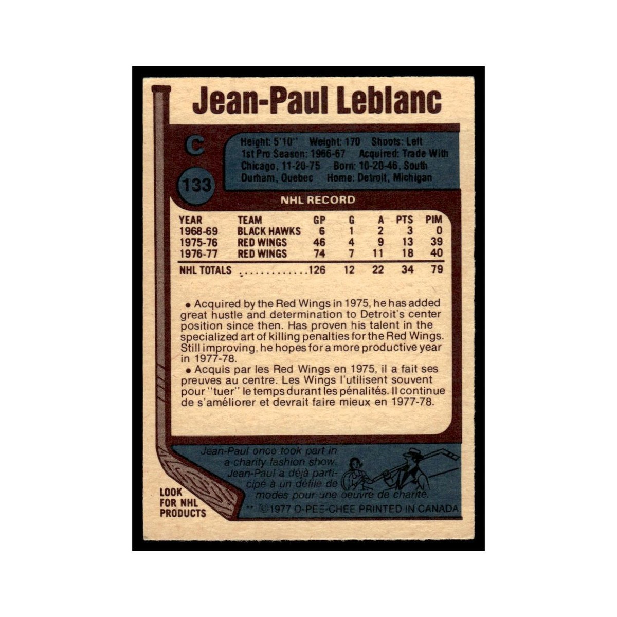 Keith LeBlanc Major Malfunction 限定LP レア‼️ Jean-Paul LeBlanc 1977 O-Pee-Chee #133 Detroit Red Wings Hockey
