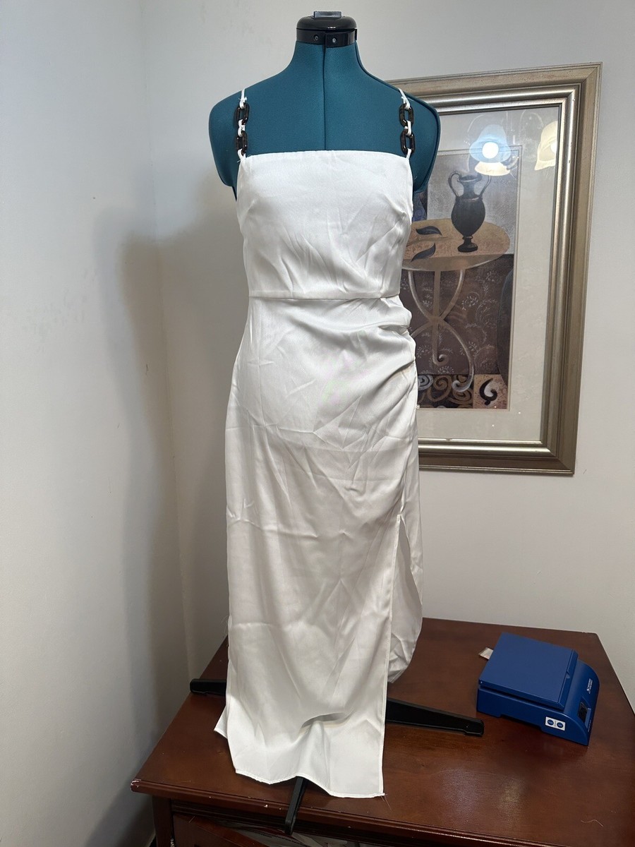 Zara Women's White Satin Unlined Chain Strap Side Slit Midi