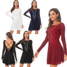Women Lyrical Splice Sequin Rhinestone Dance Dress Crisscross Back Long Sleeve