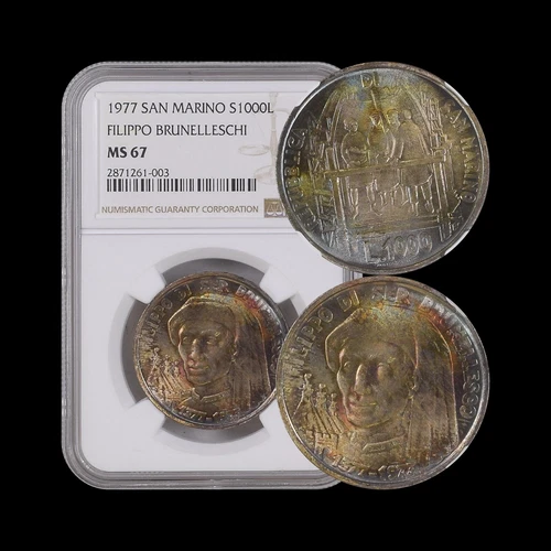 SAN MARINO. 1977, 1000 Lire, Silver - NGC MS67 - 🌈 Toned - Top Pop 🥇 003
