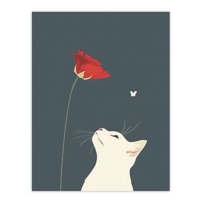 White Cat with Rose Butterfly Artwork Simple Cute Wall Art Poster Print