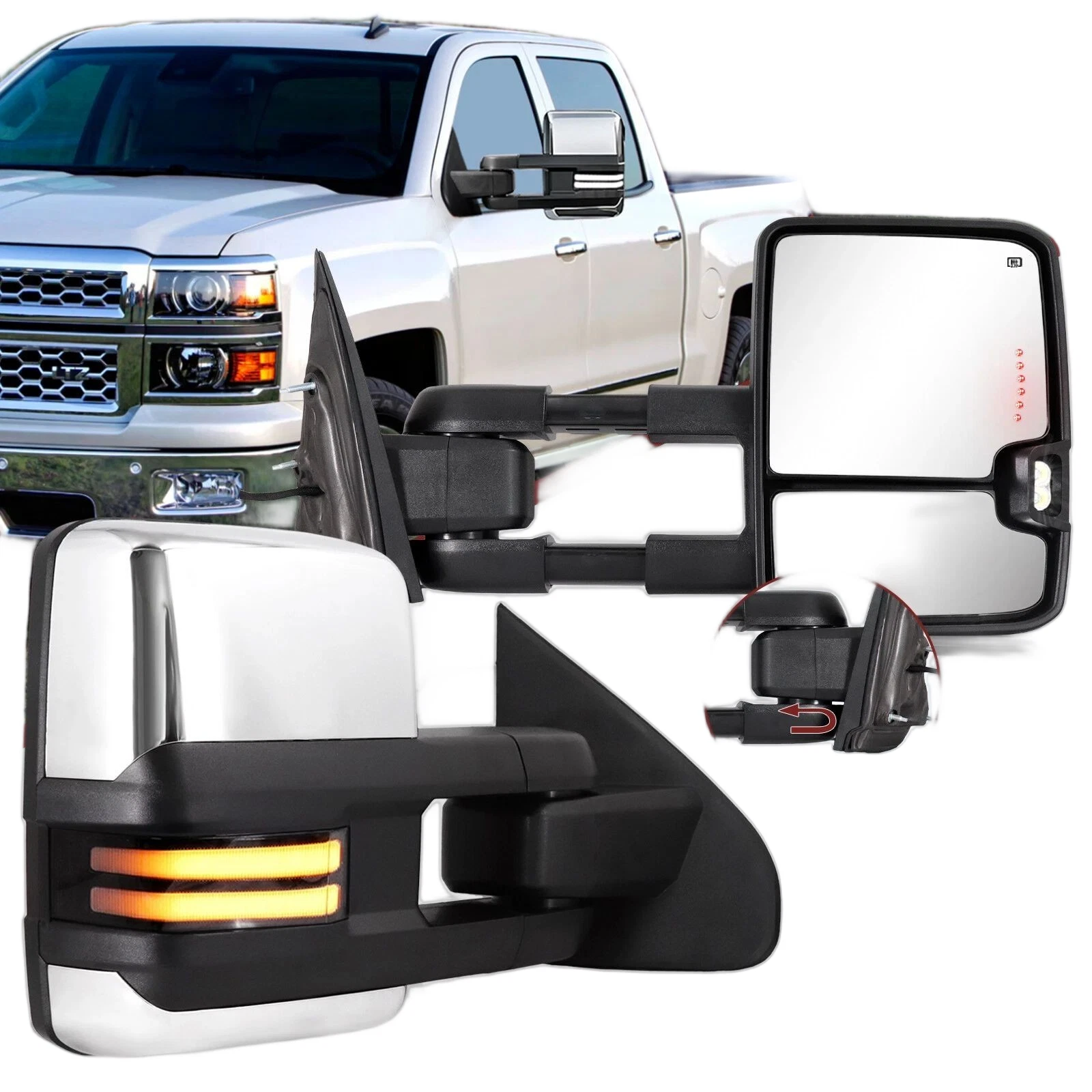 Power Fold Chrome Tow Mirrors for 2015-2019 Silverado GMC Sierra 2500HD 3500HD