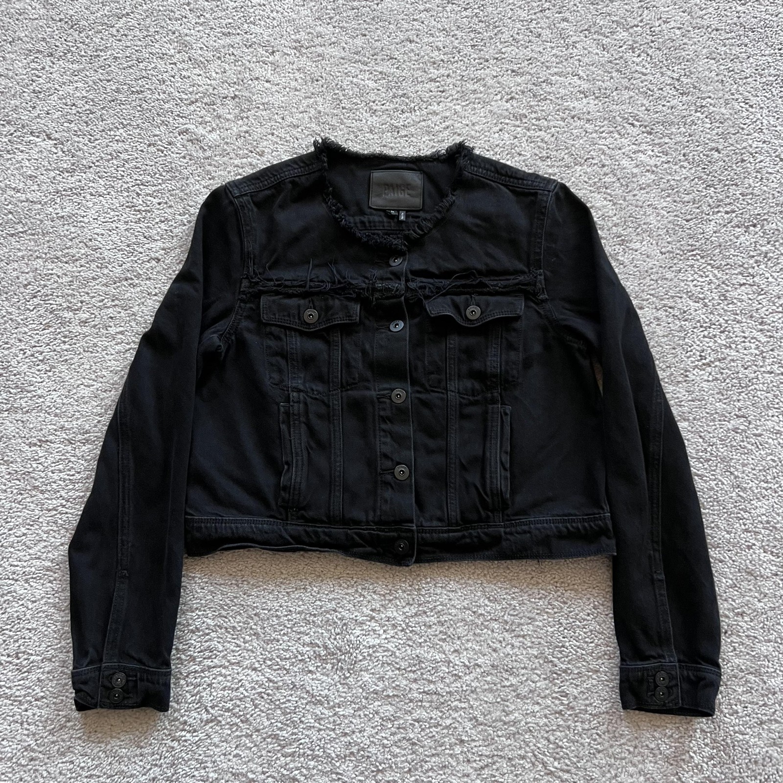 Paige Alondra Denim Jacket Womens M Black Cropped Button Front Distressed