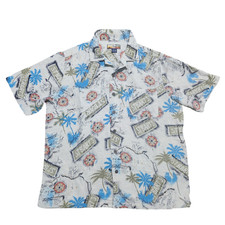 Havana Jack’s Cafe Shirt Men L Beige Silk AOP Caribbean Islands Nautical