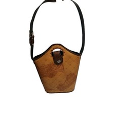 Vintage Mid Century Hand Tooled Tan Leather Top Handle Tote Bag Purse 17x13x4