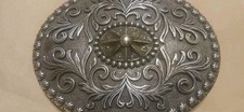 Vintage Western Belt Buckle-Silver Tone Floral Etched Very Nice 