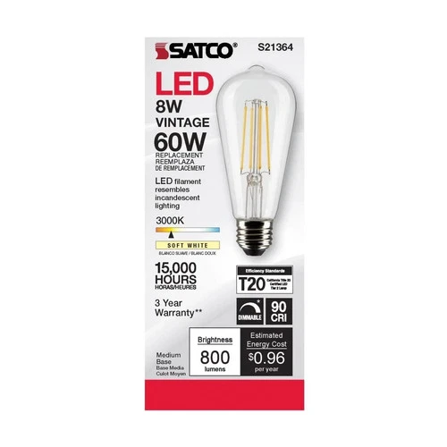 Satco S21364 - 8 Watt ST19 LED Clear LIght bulb - 90 CRI - 3000K (6 Pack) - Picture 2 of 2
