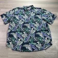 Tommy Bahama Shirt Mens XL Blue Leaf Floral Silk Hawaiian Short Sleeve Button Up