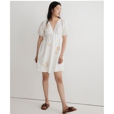 NWT Madewell Annamari White Puff Sleeve Gingham Flower Embroidered Mini Dress S
