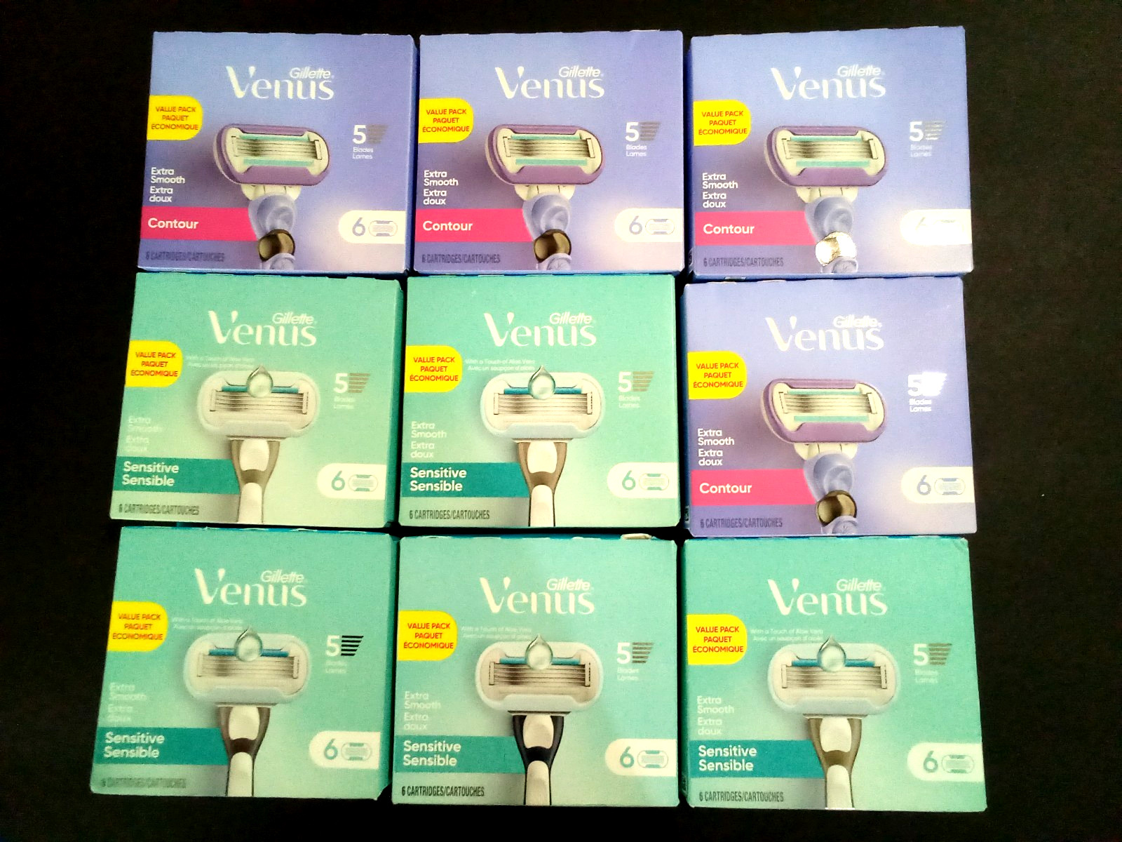 54 X GILLETTE VENUS 5 BLADE WOMEN'S REFILL/RAZORS 9 PACKS OF 6, NEW IN PACKAGING