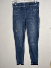 Spanx Jeans Womens Medium Dark Wash Pull On Skinny Jeggings Distressed Raw Hem