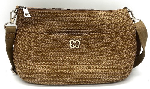 Eric Javits hellbraune Raffia Tweed Reißverschluss Schultertasche Handtasche Canvas verstellbarer Riemen - Bild 1 von 13