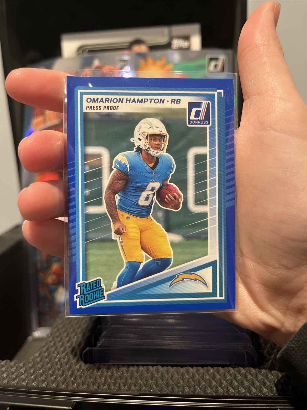 2025 Panini Donruss Omarion Hampton Rated Rookie Blue Press Proof