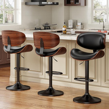 Bar Stools Set of 3, Bentwood Adjustable Height Swivel Bar Stools, PU Leather Up