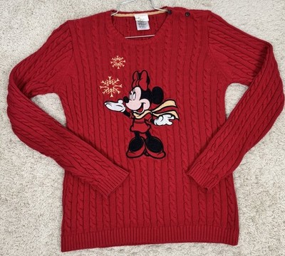 Disney Store Minnie Mouse Red Cotton Cable Knit Christmas Sweater Women s M
