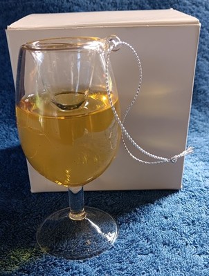 White Chardonnay Wine Glass Liquid Christmas Ornament Xmas 4''  Box EUC HTF